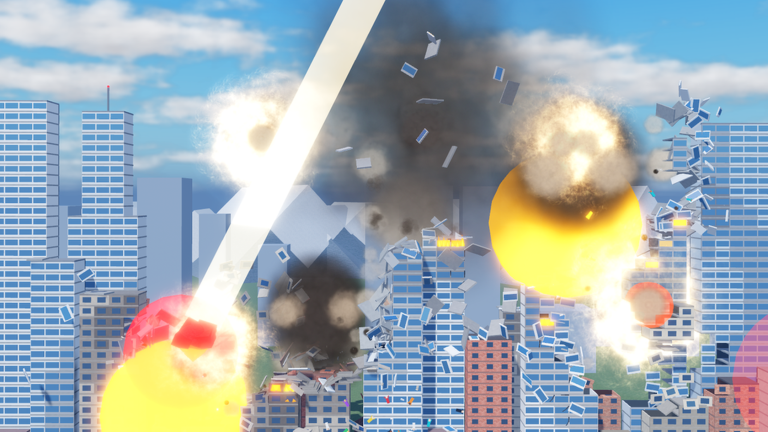 Downtown at dusk with a white beam cutting through falling towers